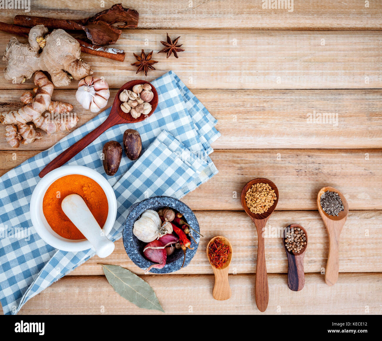 Food Cooking ingredients. Dried Spices herb cinnamon sticks,bay leaves