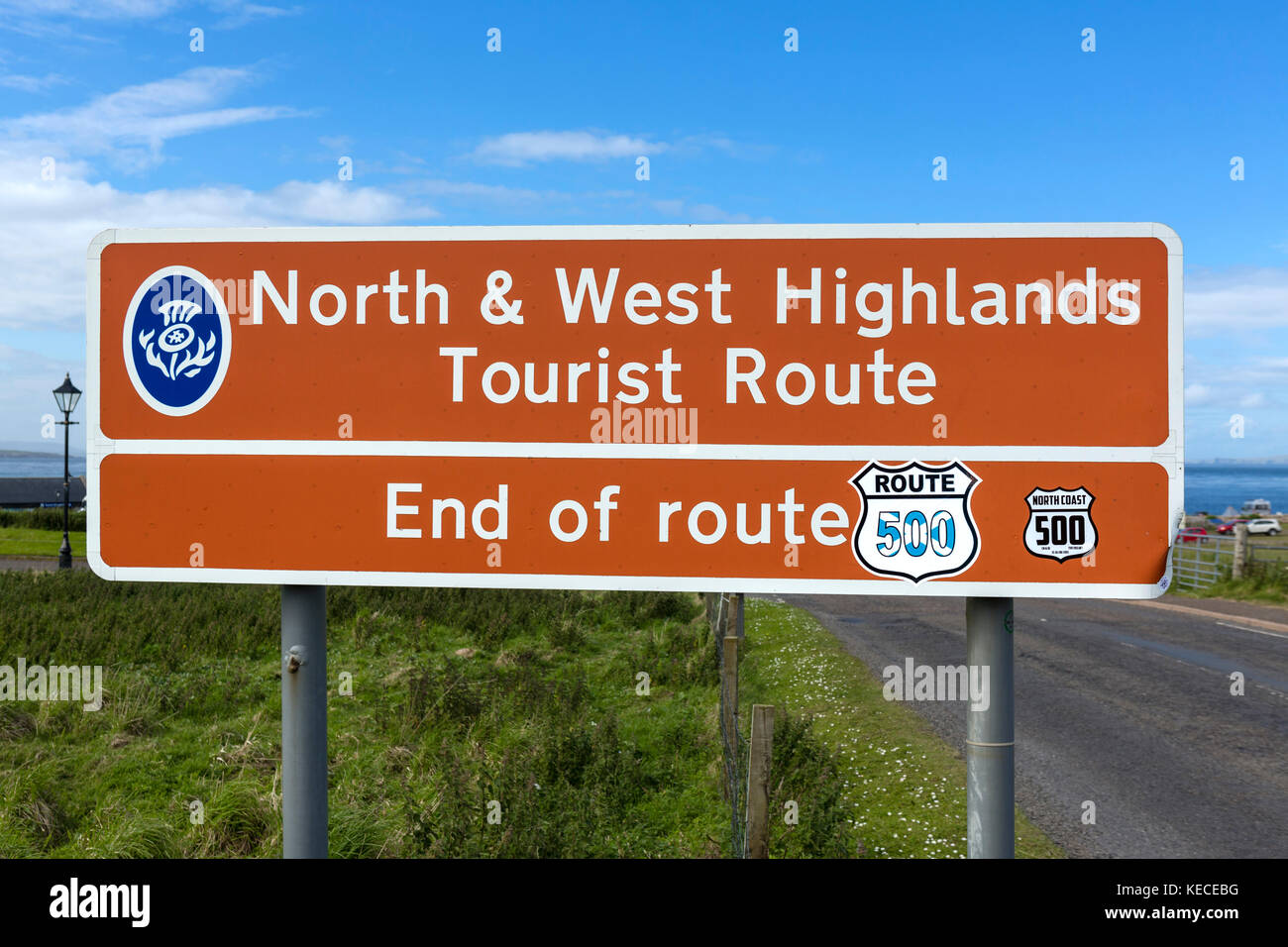 End of North and West Higlands Tourist Route and part of the North Coast 500 scenic route, A99, John O'Groats, Highlands, Scotland, UK Stock Photo
