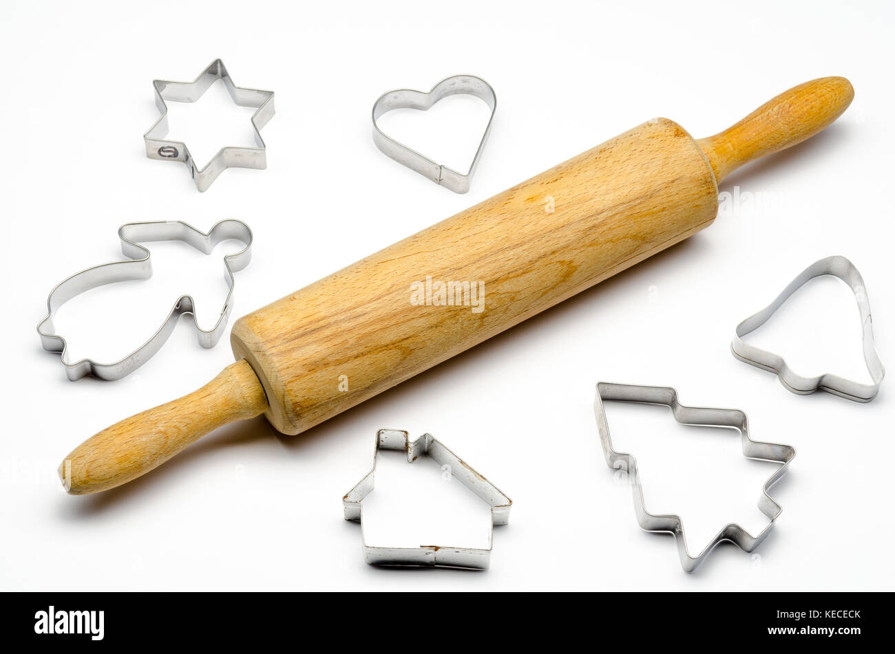 rolling pin with cookie cutters on a white background, isolated Stock