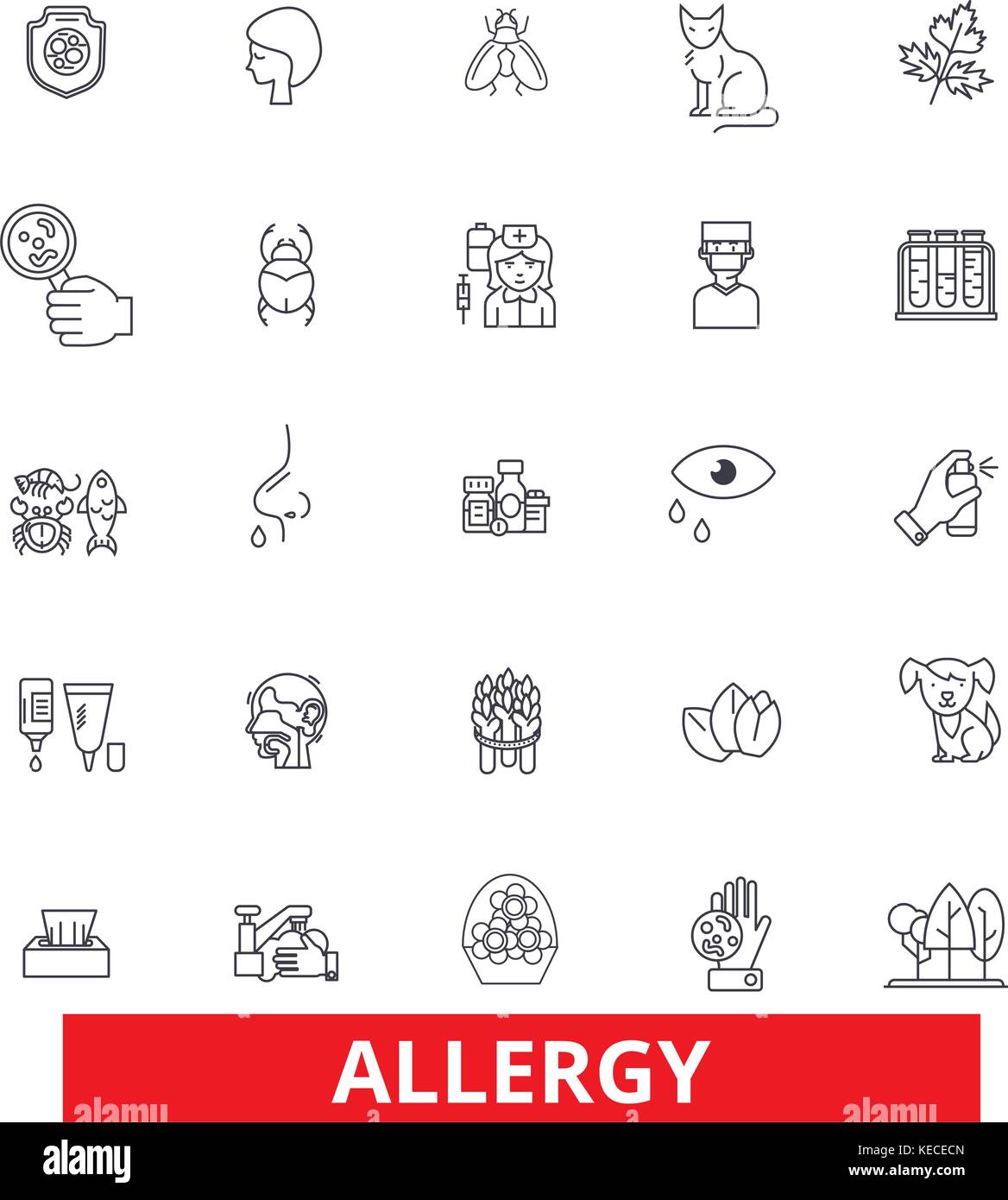 Allergy, food, season, desease, sneeze, pollen, asthma, allergens, allergic line icons. Editable strokes. Flat design vector illustration symbol concept. Linear signs isolated on white background Stock Vector