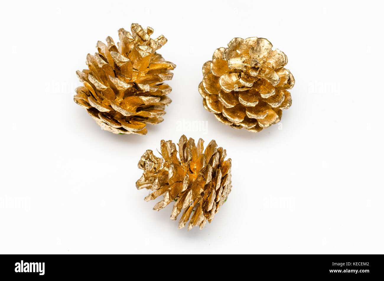 three golden pine cone on a white background stock photo 163773458
