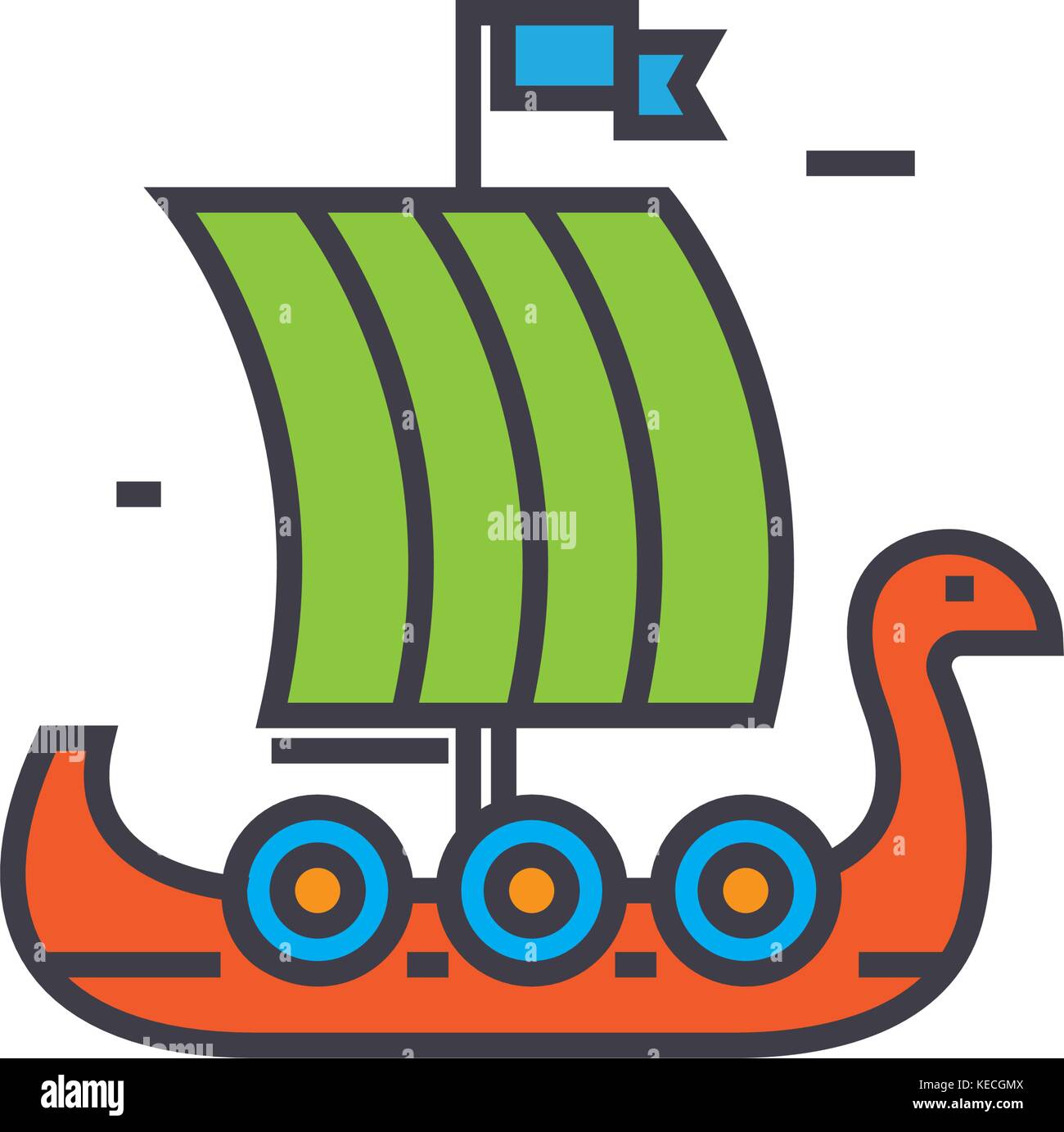 Viking wooden ship flat line illustration, concept vector isolated icon ...