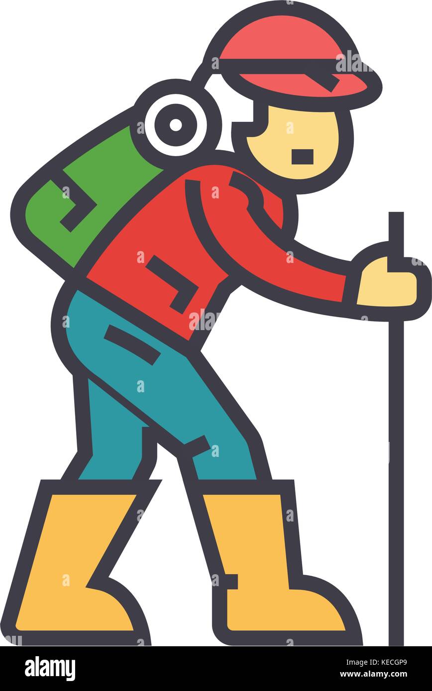 Traveler, hiking man flat line illustration, concept vector isolated ...