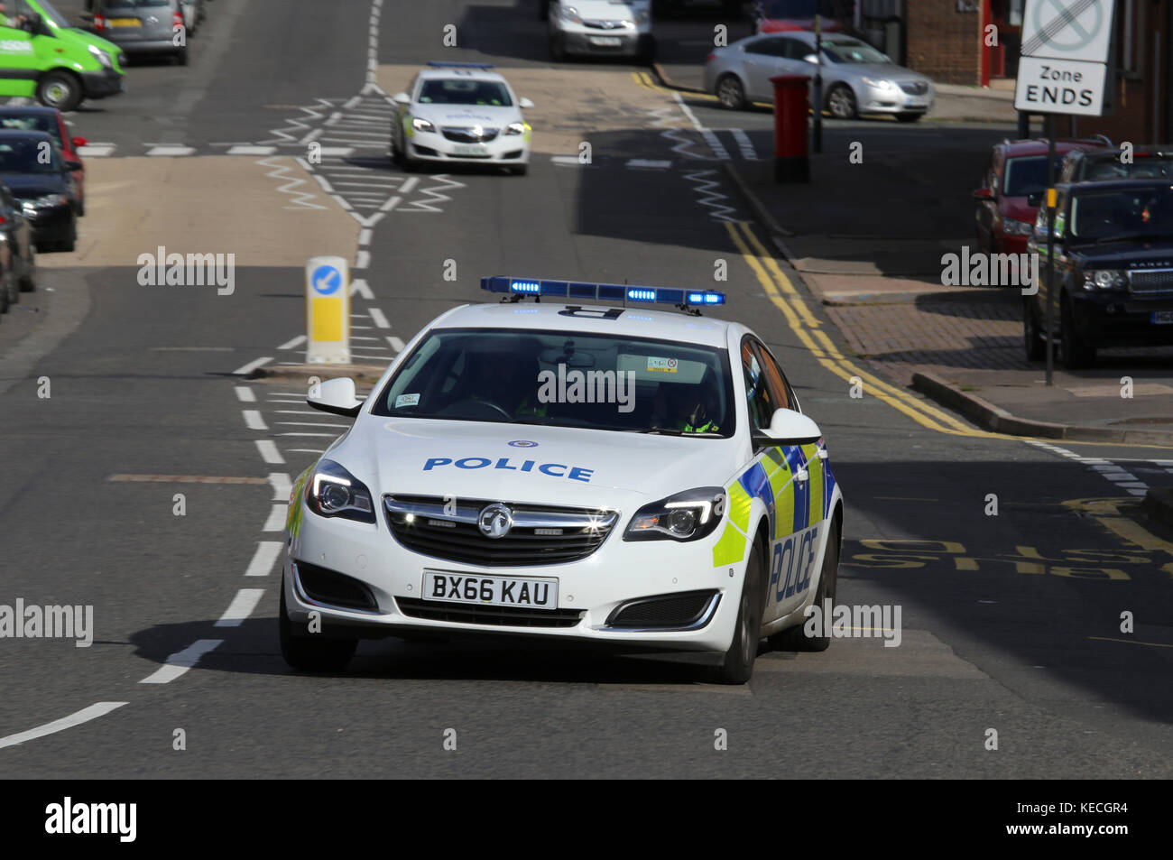 A West Midlands Police emergency response car, responding to a 999 call, near Birmingham city centre, UK, in 2017. Stock Photo