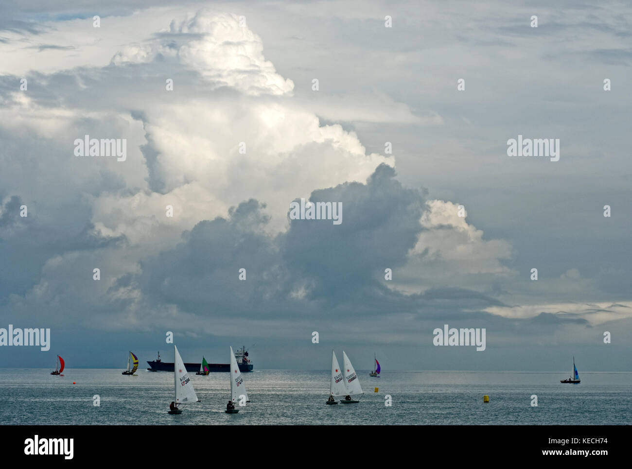 Large cumulus cloud & sailing boats of Whitehead, Northern Ireland Stock Photo