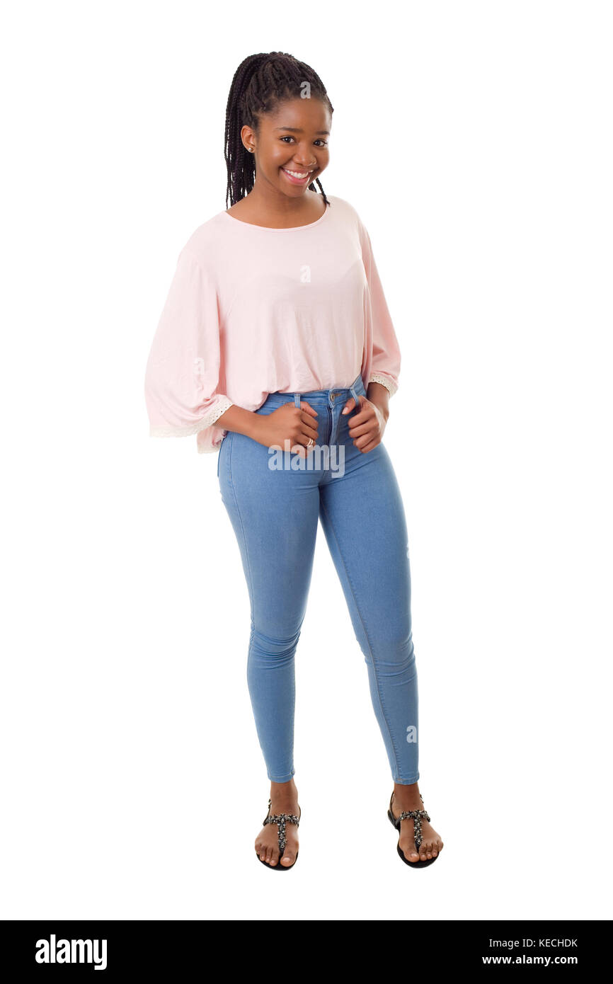 Happy african girl full length isolated on white background Stock Photo ...
