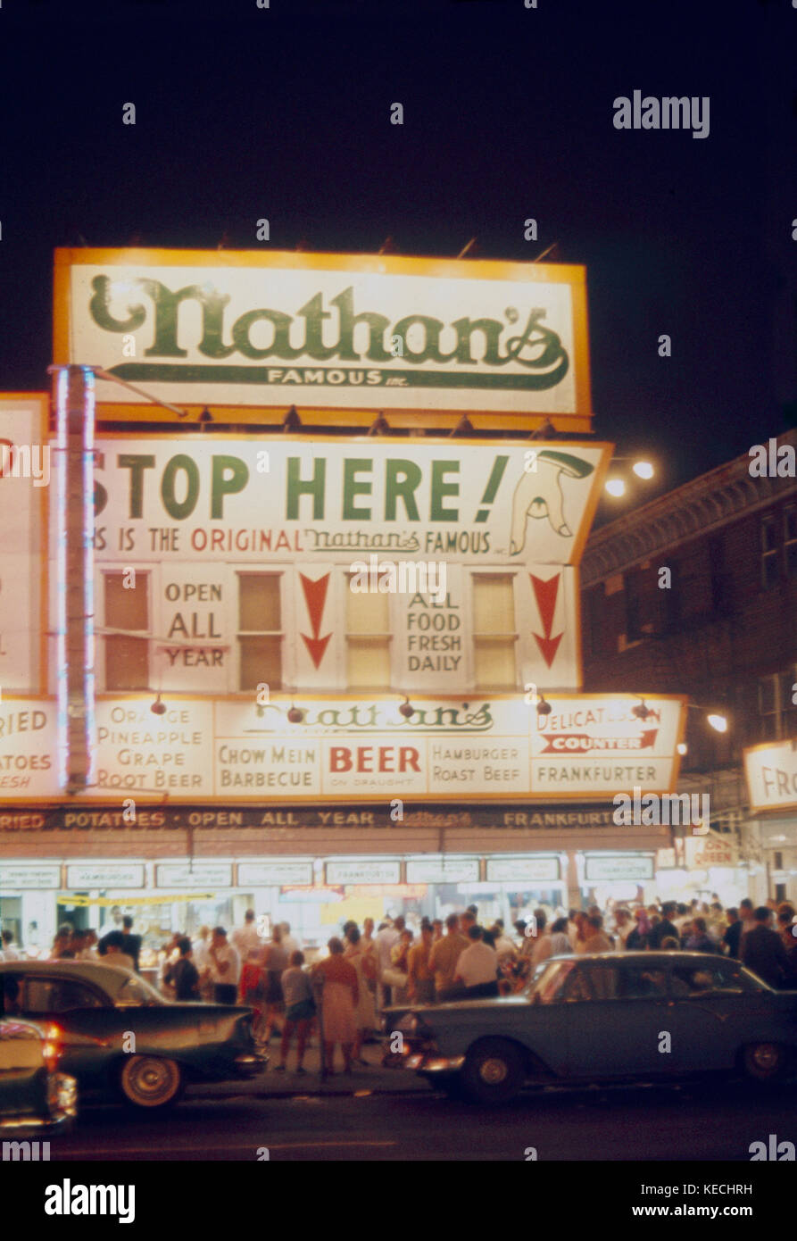 Nathan's Famous Hot Dogs, Street Scene at Night, Coney Island, New York ...