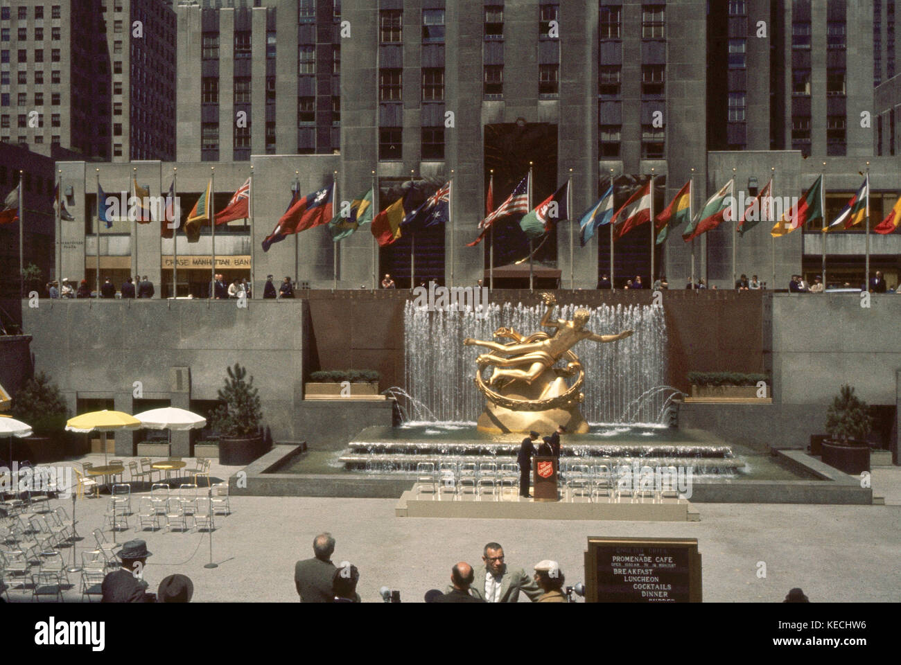 Lower Plaza with Statue of Prometheus, Rockefeller Center, New York City, New York, USA, July 1961 Stock Photo