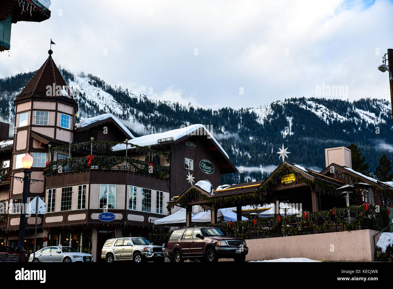 Snow on the Roof - There is still almost a foot of snow on the roofs of Leavenworth, Washington, buildings at the end of January. Stock Photo