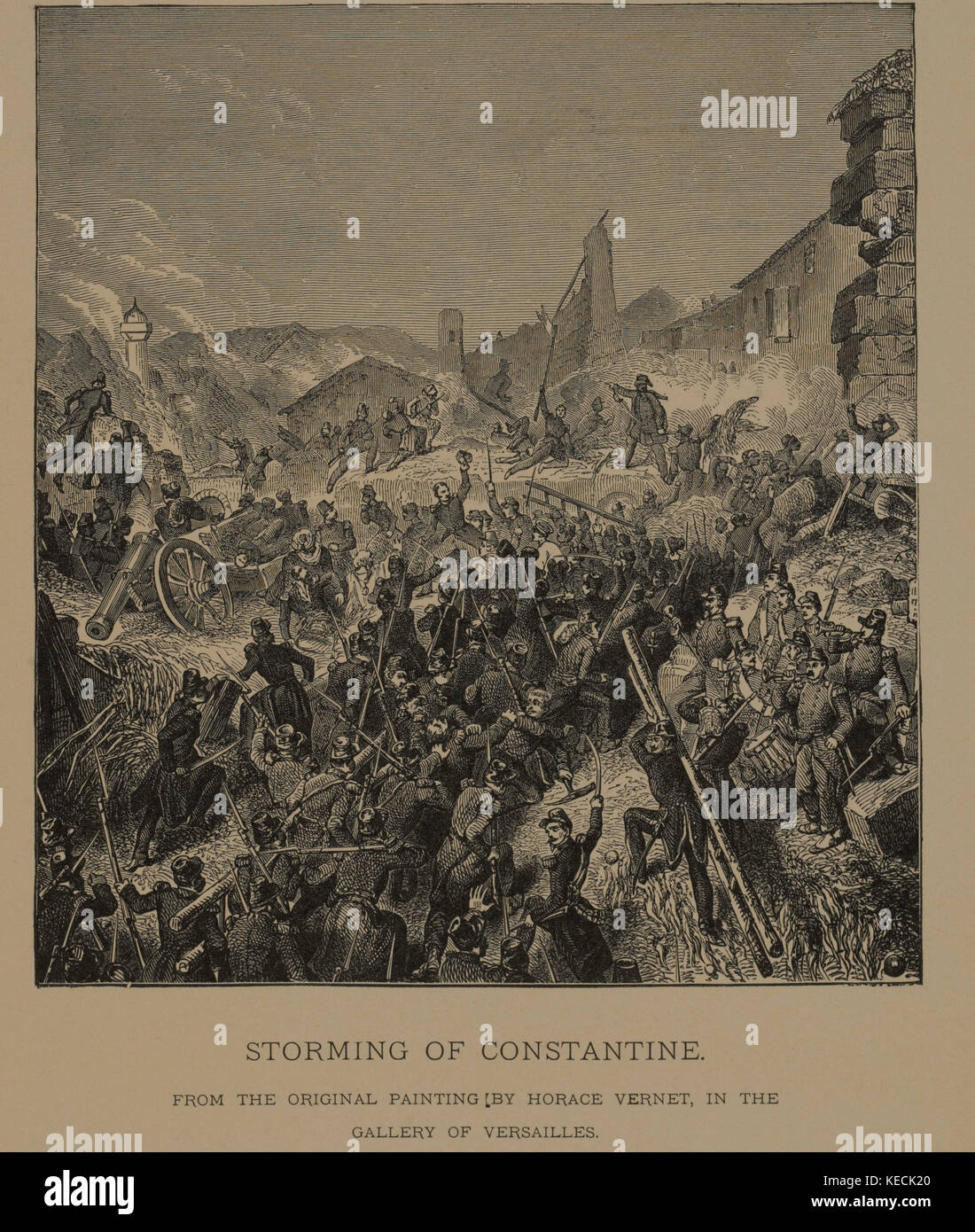 Storming of Constantine, Woodcut Engraving from the Original Painting by Horace Vernet, The Masterpieces of French Art by Louis Viardot, Published by Gravure Goupil et Cie, Paris, 1882, Gebbie & Co., Philadelphia, 1883 Stock Photo