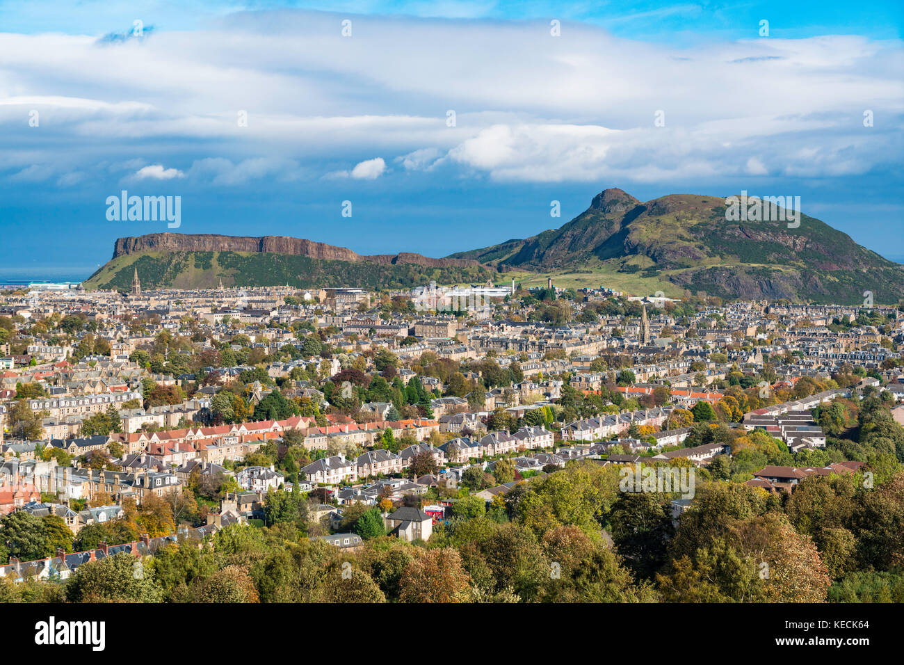 View of Salisbury Crags and Arthur's Seat hill overlooking Edinburgh, Scotland, United Kingdom Stock Photo