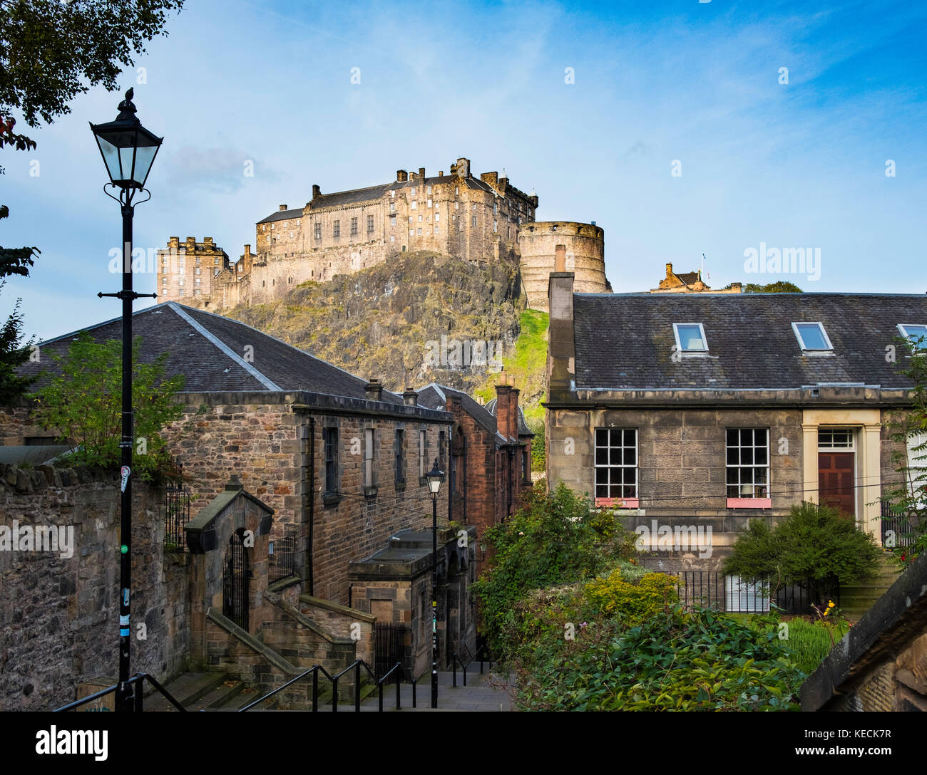 View of Edinburgh Castle from The Vennel historic steps in Scotland , United Kingdom. Stock Photo