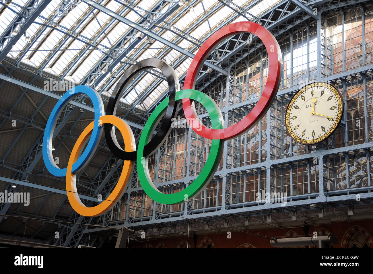 The Olympic Rings under the trainshed roof at St. Pancras Station. London. Stock Photo