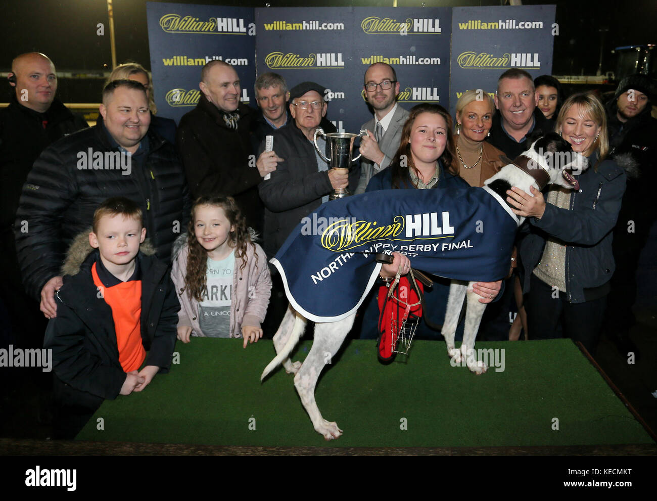 Droopys Zephyr with connections A Harrison and The Conlon Family after winning the Northern Puppy Derby Final Race nine during the William Hill All England Cup Festival at Newcastle Greyhound Stadium. PRESS ASSOCIATION Photo. Picture date: Thursday October 19, 2017. Photo credit should read: Richard Sellers/PA Wire Stock Photo