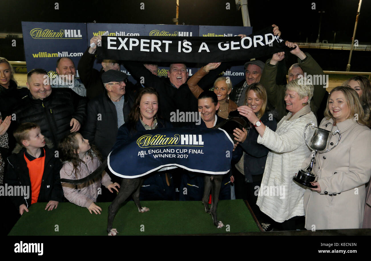 Droopys Expert and connections A Harrison and The Conlon Family after winning the All England Cup Final Race ten during the William Hill All England Cup Festival at Newcastle Greyhound Stadium. PRESS ASSOCIATION Photo. Picture date: Thursday October 19, 2017. Photo credit should read: Richard Sellers/PA Wire Stock Photo