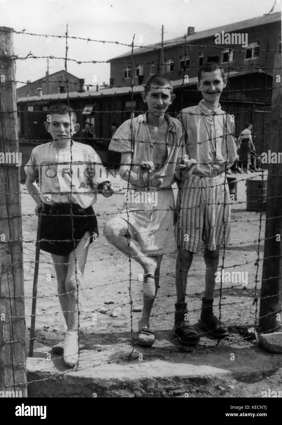 Young emaciated prisoners after the liberation of Buchenwald concentration camp on 13 April 1945 by the 3rd US Army. | usage worldwide Stock Photo