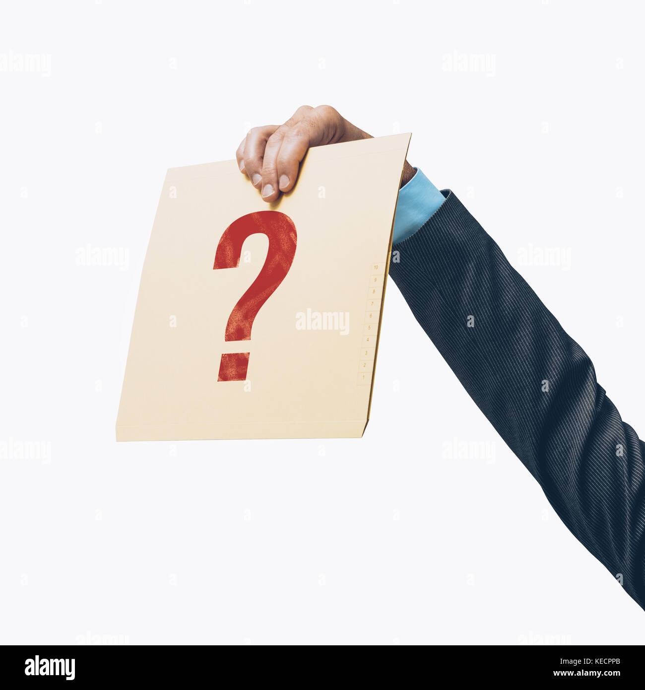 Businessman holding a file with a question mark on white background, business uncertainty and risks concept Stock Photo