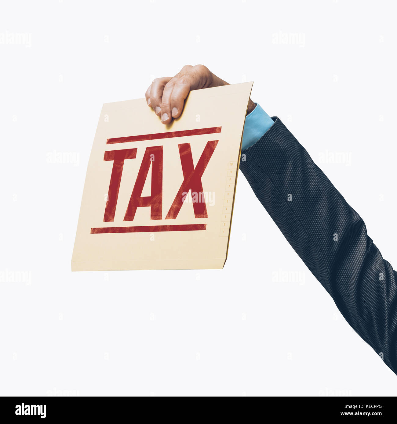 Businessman holding a tax file on white background, tax refunds and payments concept Stock Photo