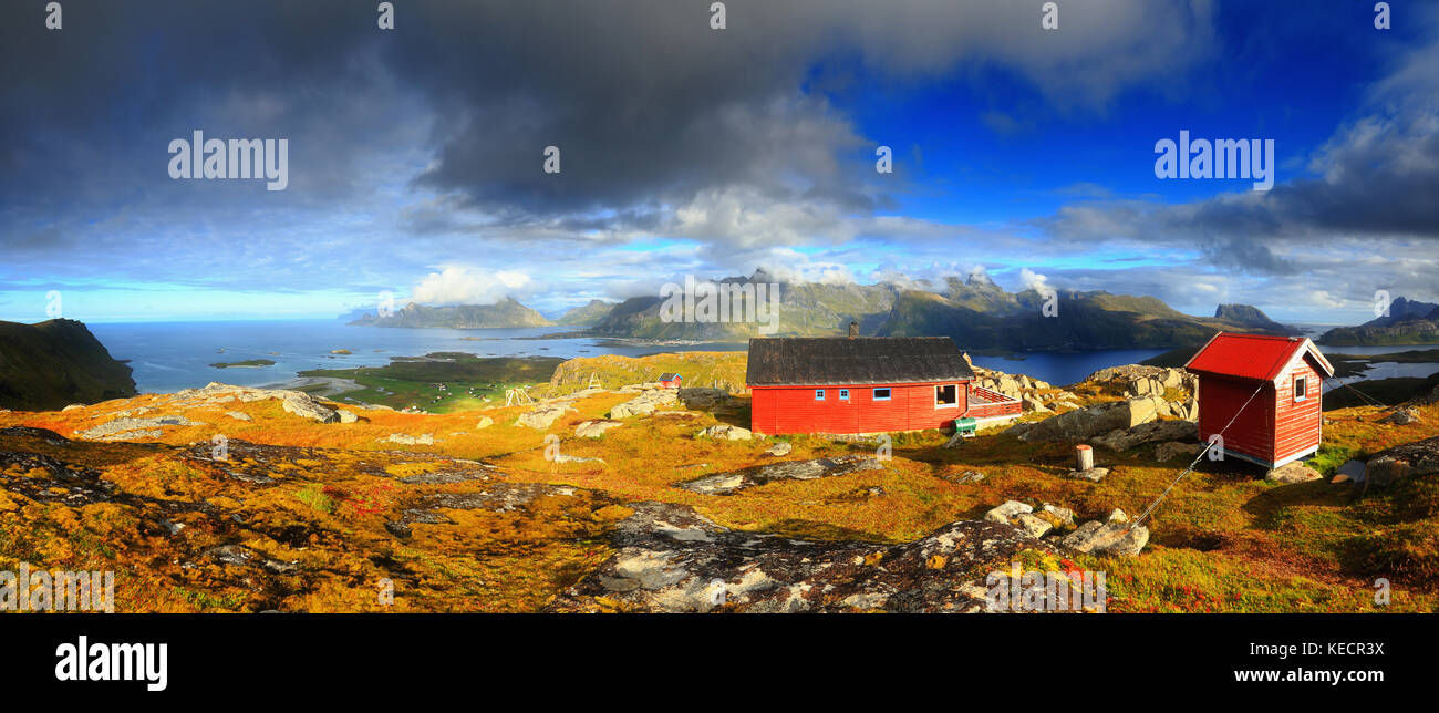 Sunny Norway landscape. View from rocks at sea and fjords. Summer day in Norway. Stock Photo