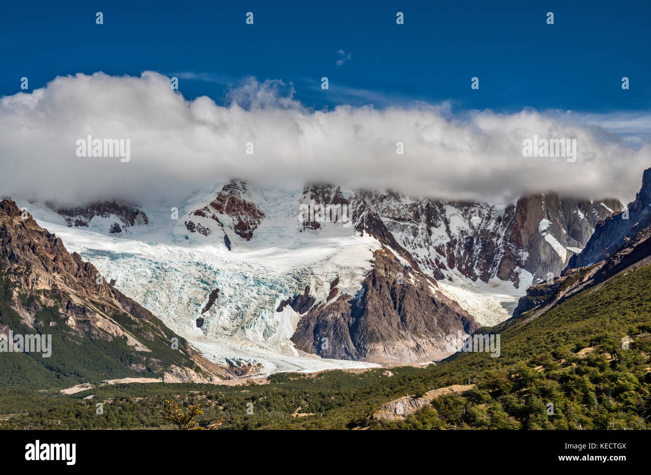 Cordon Adela range, Cerro Torre on right in clouds, view from Mirador Torre, Los Glaciares National Park, Patagonia, Argentina Stock Photo