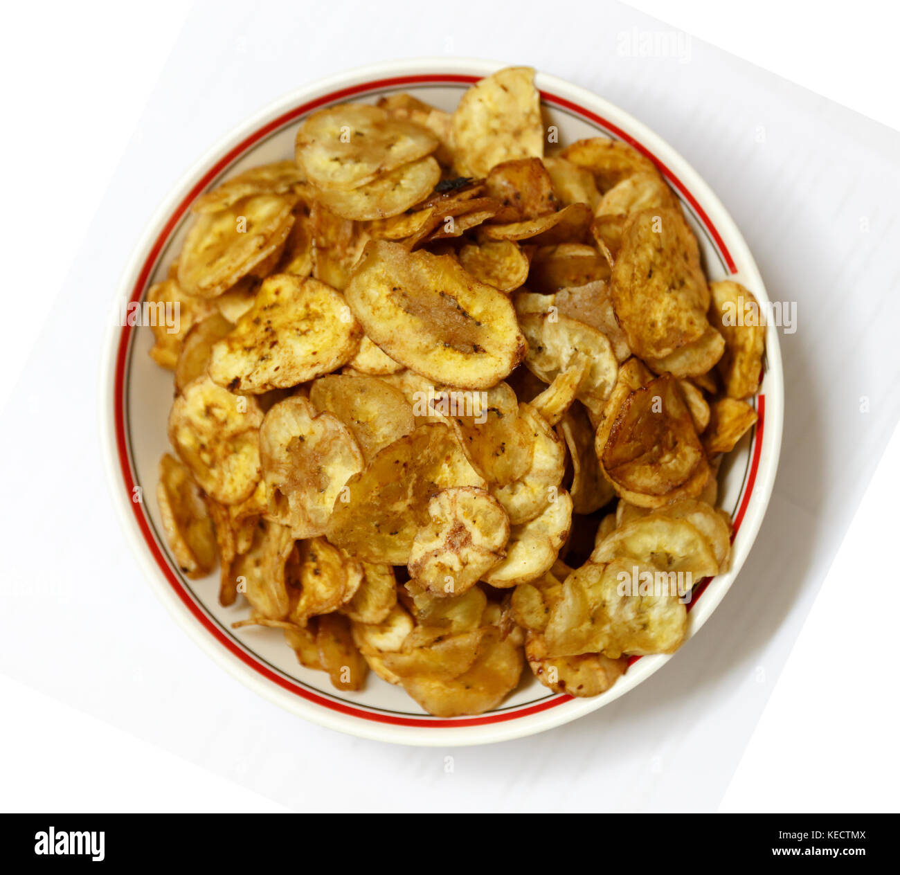 Bowl of Newly Cooked Banana Chips Ready for Serving. Stock Photo