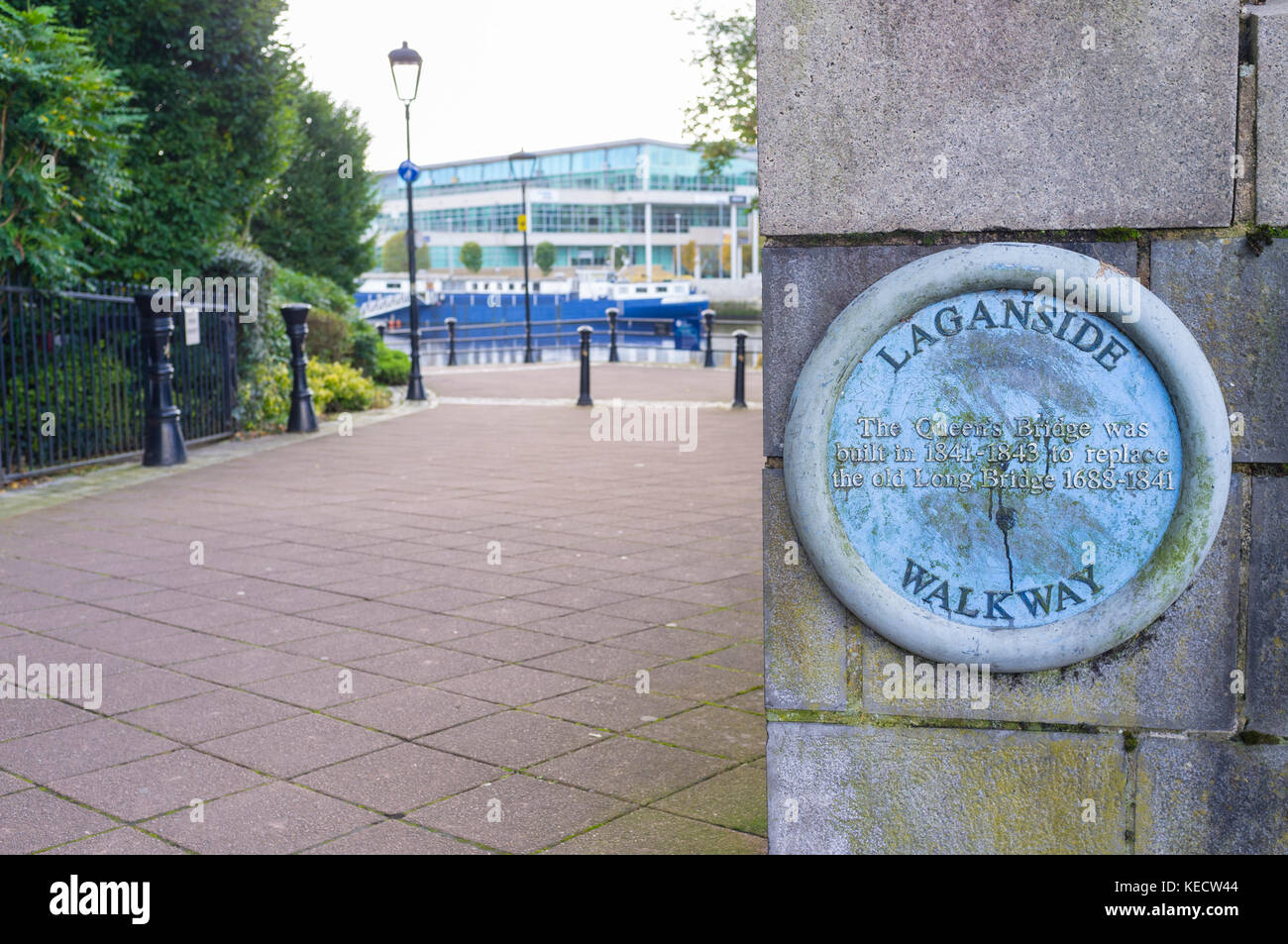 Laaganside walkway plaque at Queens Bridge, Belfast Stock Photo