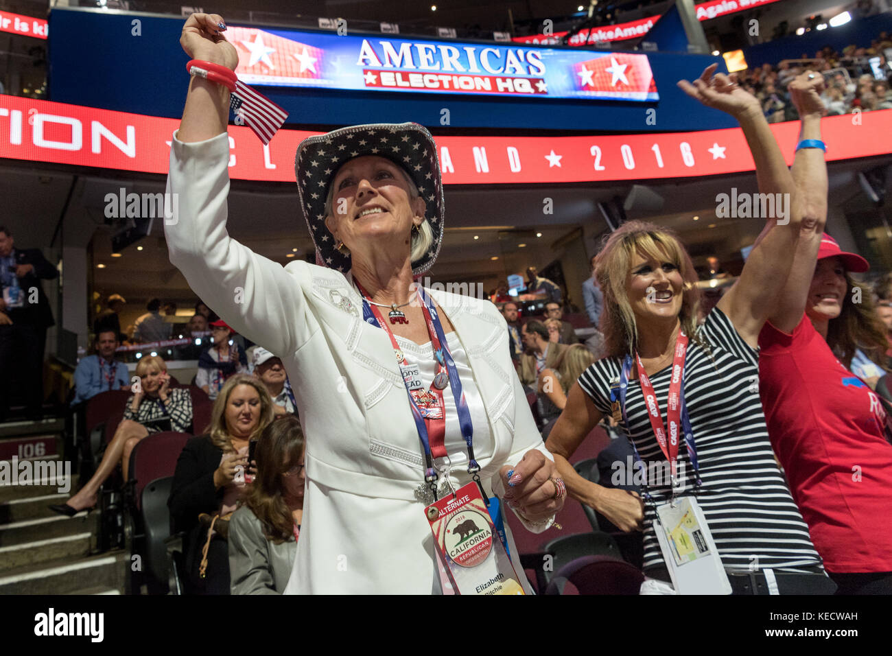 GOP delegates cheer during the Republican National Convention July 20, 2016 in Cleveland, Ohio. Stock Photo