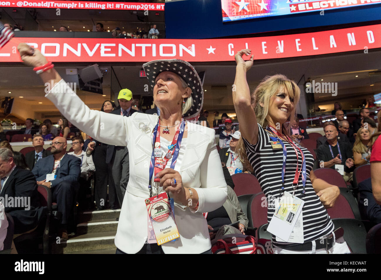 GOP delegates cheer during the Republican National Convention July 20, 2016 in Cleveland, Ohio. Stock Photo