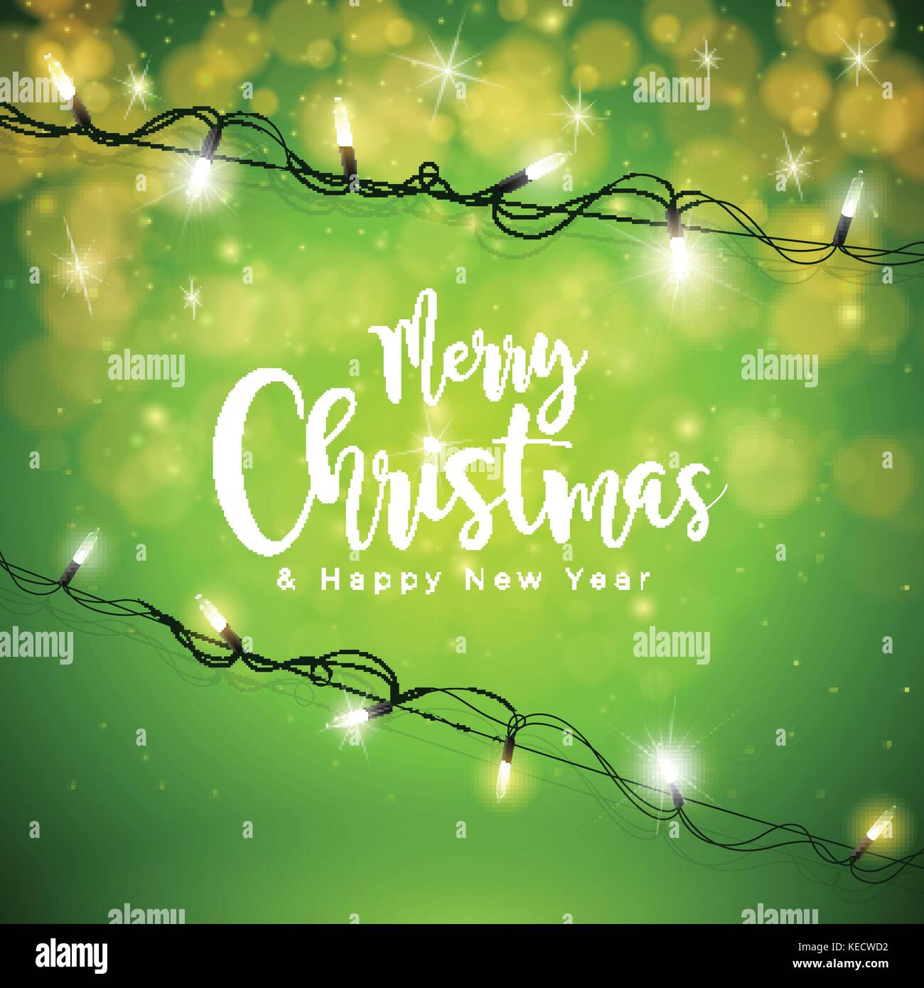 Vector Merry Christmas Illustration on Green Background with Typography and Holiday Light Garland. Stock Vector