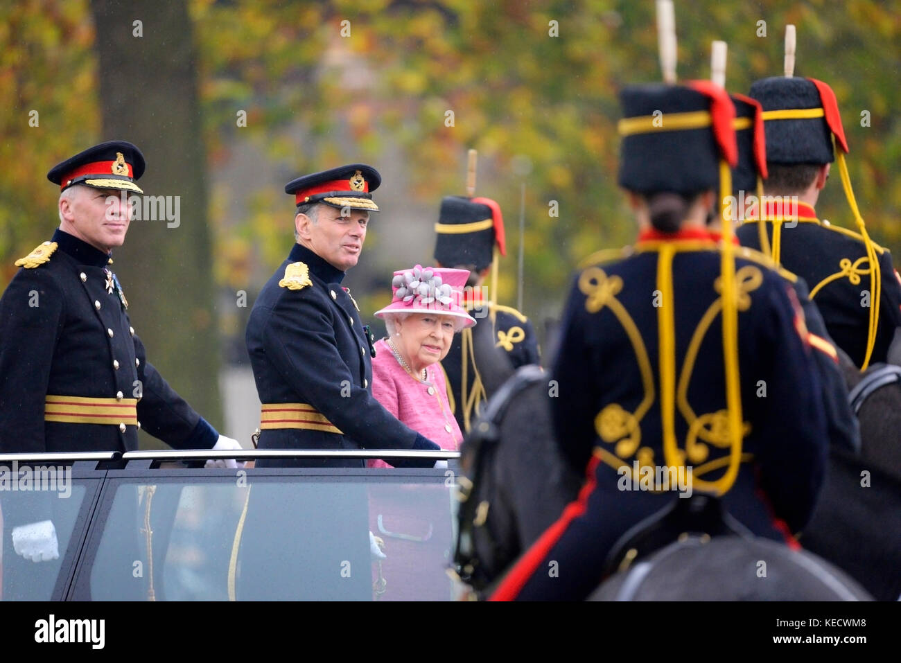 HM The Queen inspecting the King's Troop Royal Horse Artillery during a Royal Review for their 70th anniversary Stock Photo