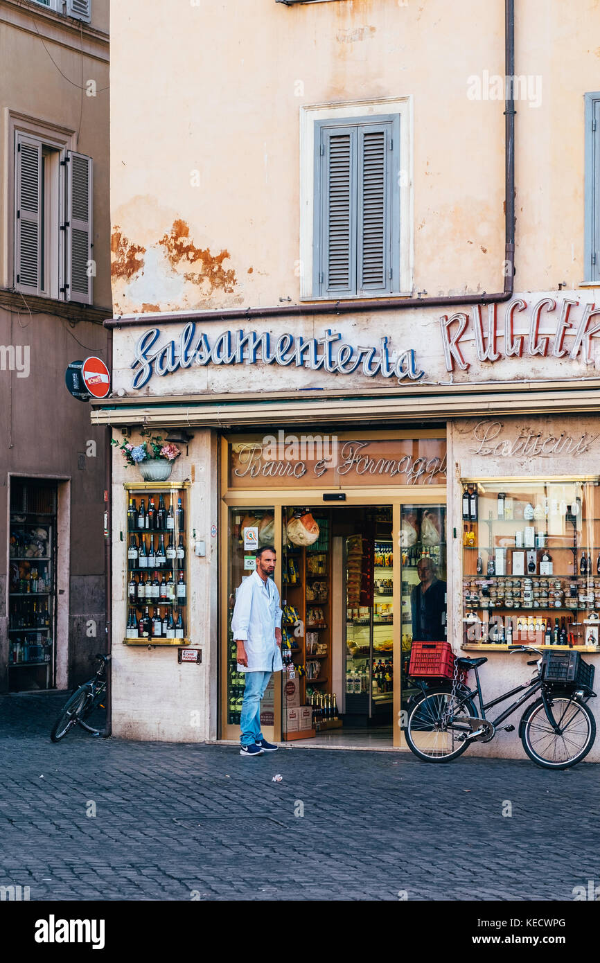 A classic 'alimentari', Salsamenteria Ruggeri, in Rome, Italy, where cheese, salumi, and gourmet products are sold Stock Photo
