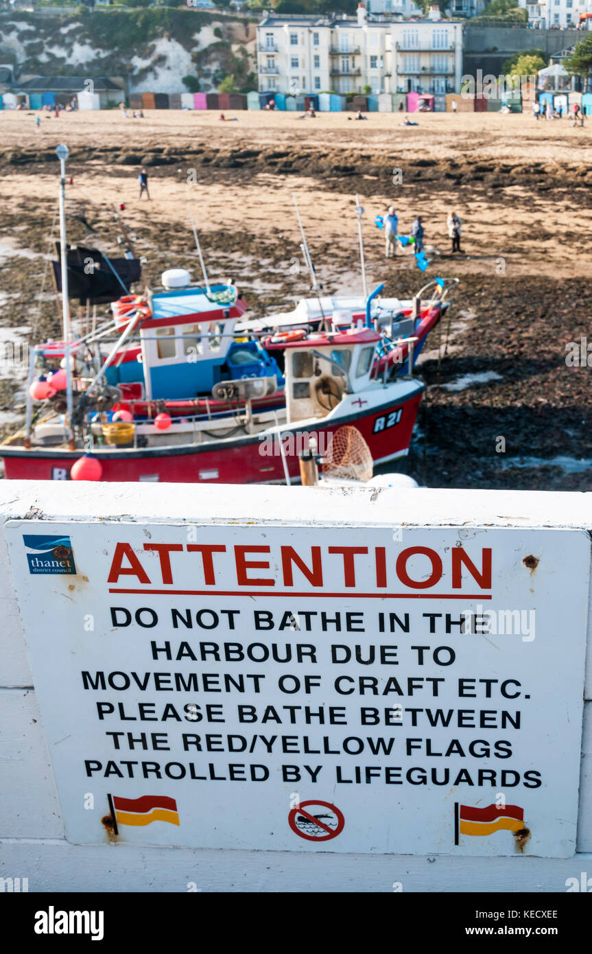 Do Not Bathe in the Harbour sign at Broadstairs, Kent. Stock Photo