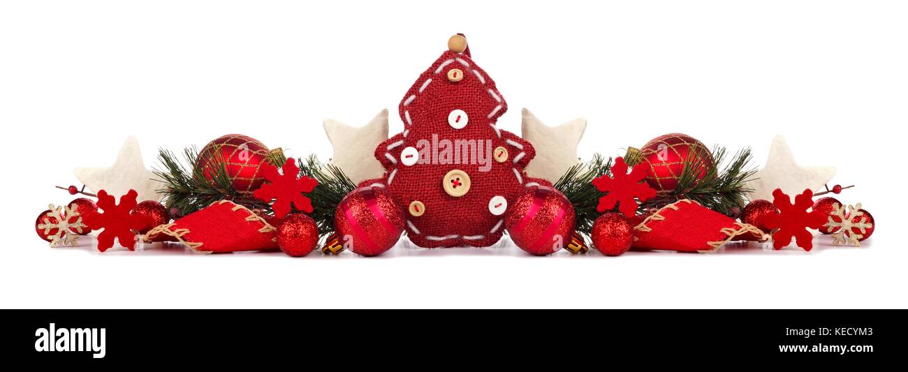 Christmas border with red cloth tree, baubles and branches isolated on ...