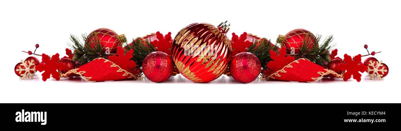 Christmas border with red baubles, ribbon and branches isolated on a ...