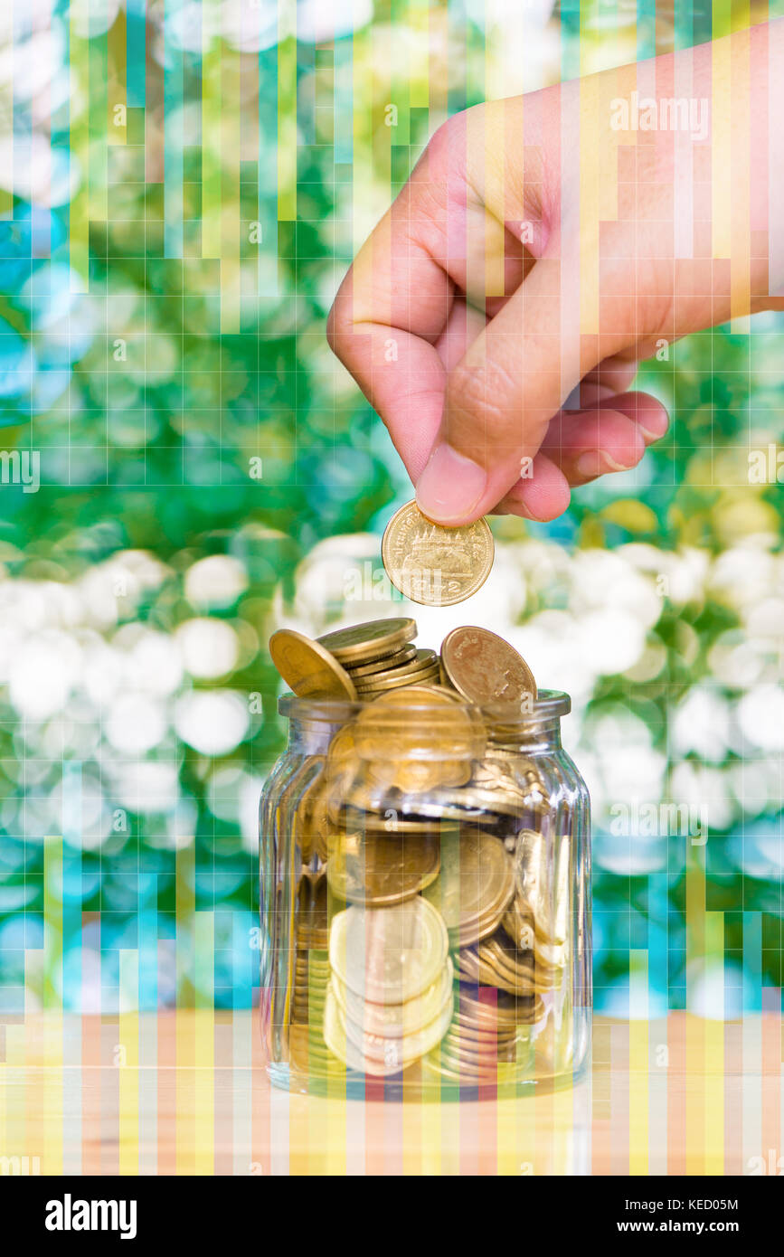 Double exposure of Woman hand put gold coin money in the glass jar on