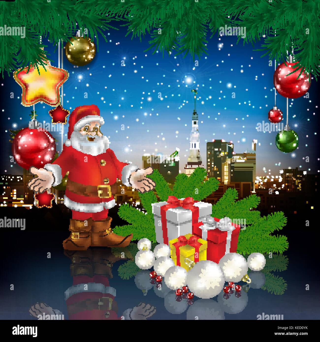 celebration greeting with panorama of city Santa Claus and Christmas ...