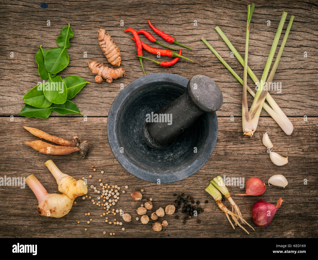 Assortment of Thai food Cooking ingredients .Red curry paste