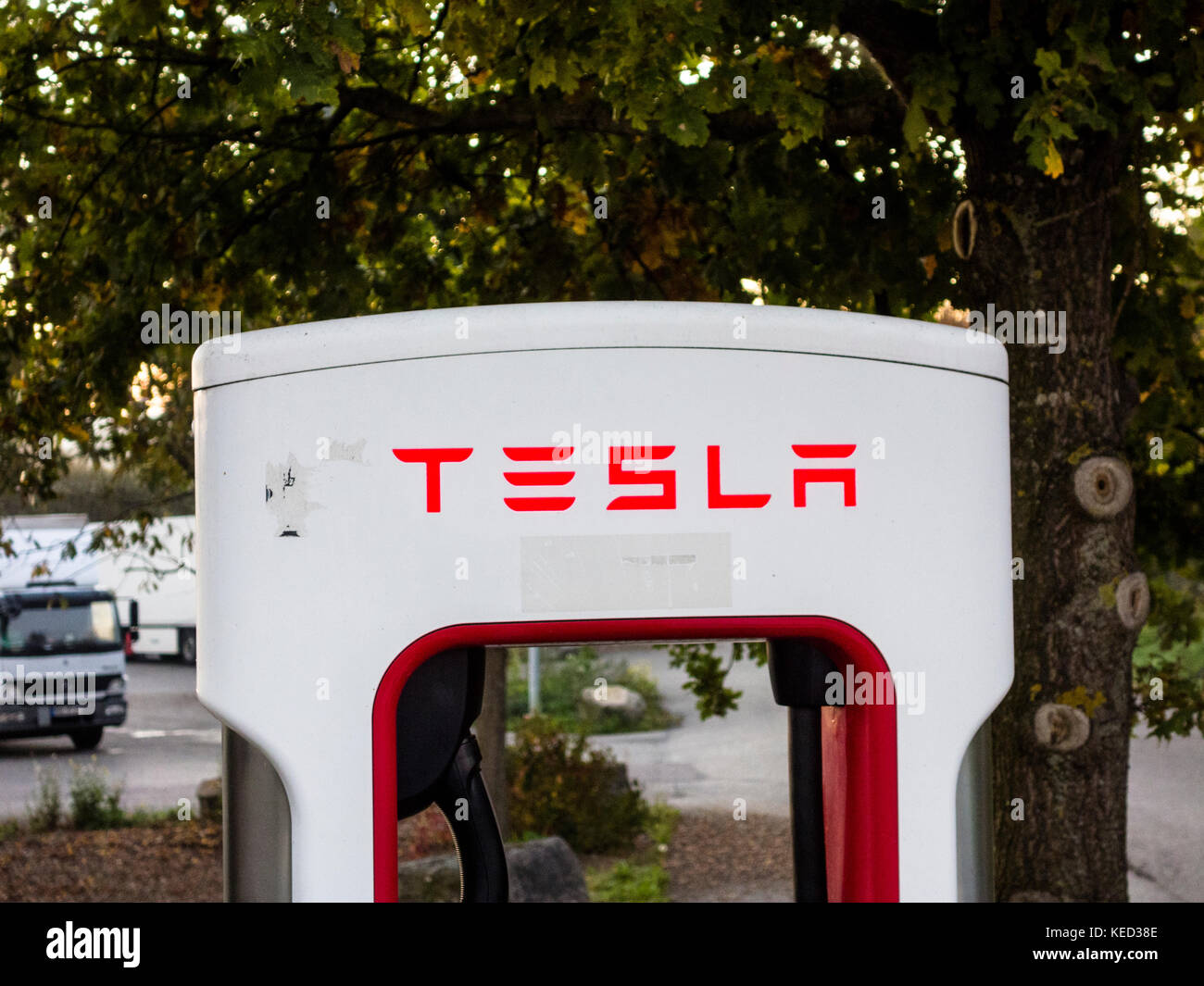Tesla power charger at a petrol station in Bavaria, Southern Germany, October 2017 Stock Photo