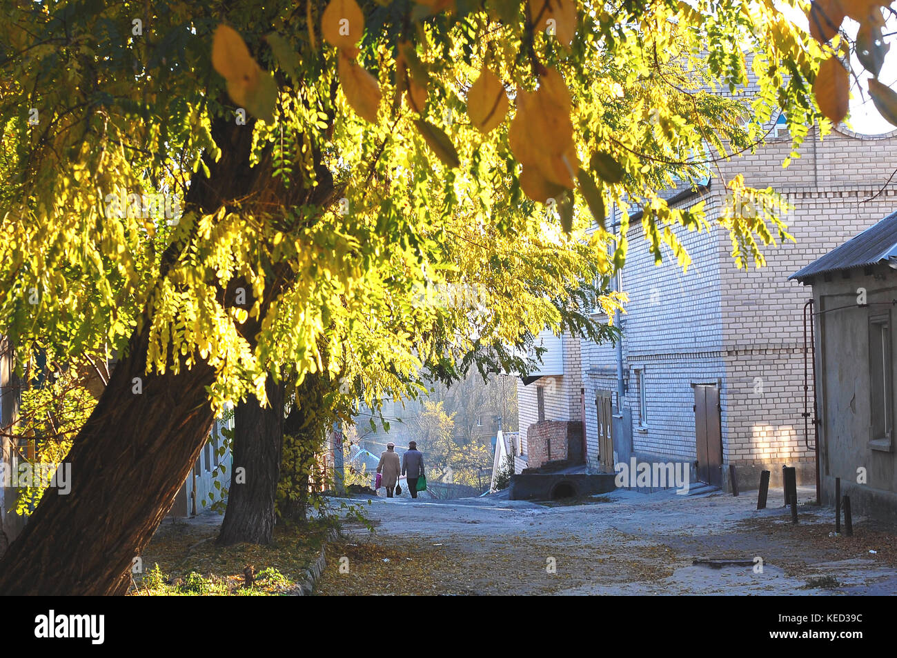 Quiet autumn street in a small south town. A pair of elderly people goes into the distance. Concept of autumn in a small town. Stock Photo