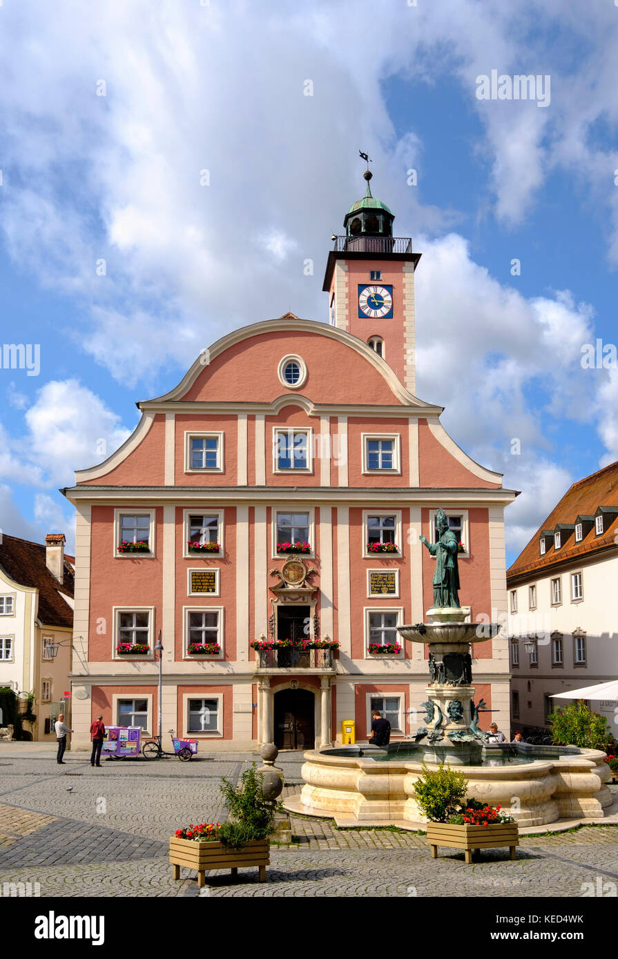 Town hall and fountain Willibaldsbrunnen on the market square, Eichstätt, Altmühltal, Upper Bavaria, Bavaria, Germany Stock Photo