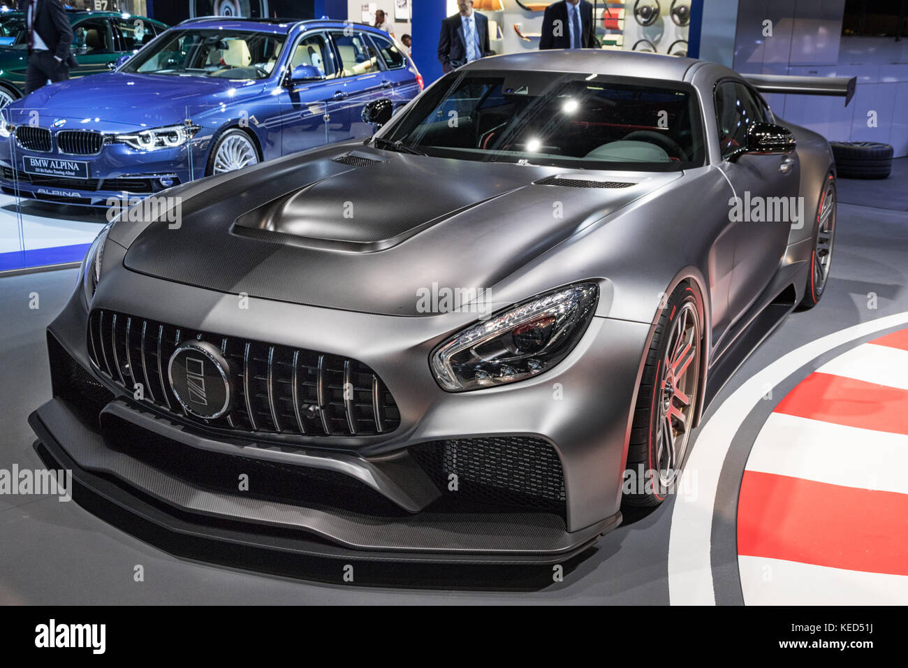 FRANKFURT, GERMANY - SEP 12, 2017: IMSA Mercedes AMG GT sports car showcased at the Frankfurt IAA Motor Show 2017. Stock Photo