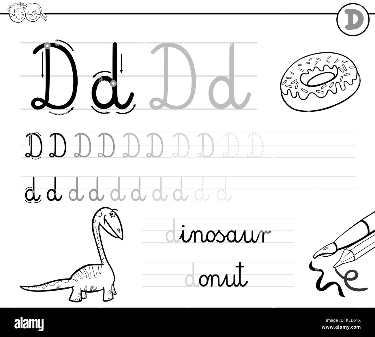 Black and White Cartoon Illustration of Writing Skills Practice with Letter D Worksheet for Children Coloring Book Stock Vector