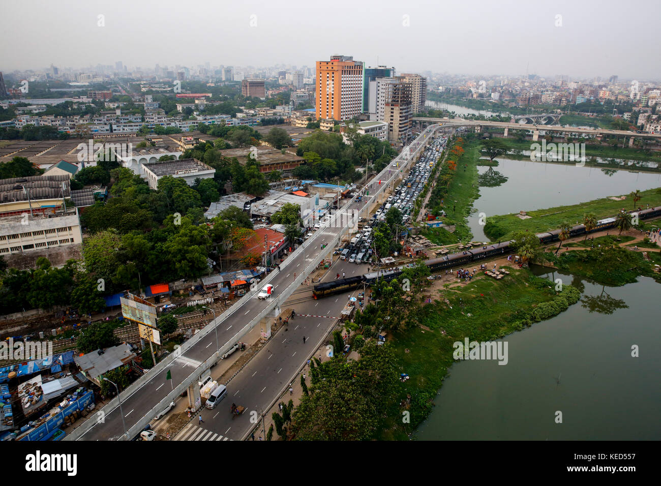 Aerial view of the Moghbazar-Mouchak flyover stretching from Sonargaon hotel to BFDC. Dhaka Bangladesh Stock Photo