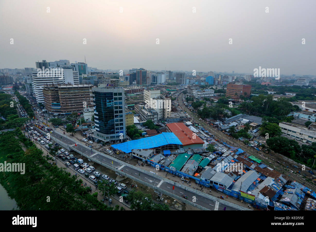 Aerial view of the Moghbazar-Mouchak flyover stretching from Sonargaon hotel to BFDC. Dhaka Bangladesh Stock Photo