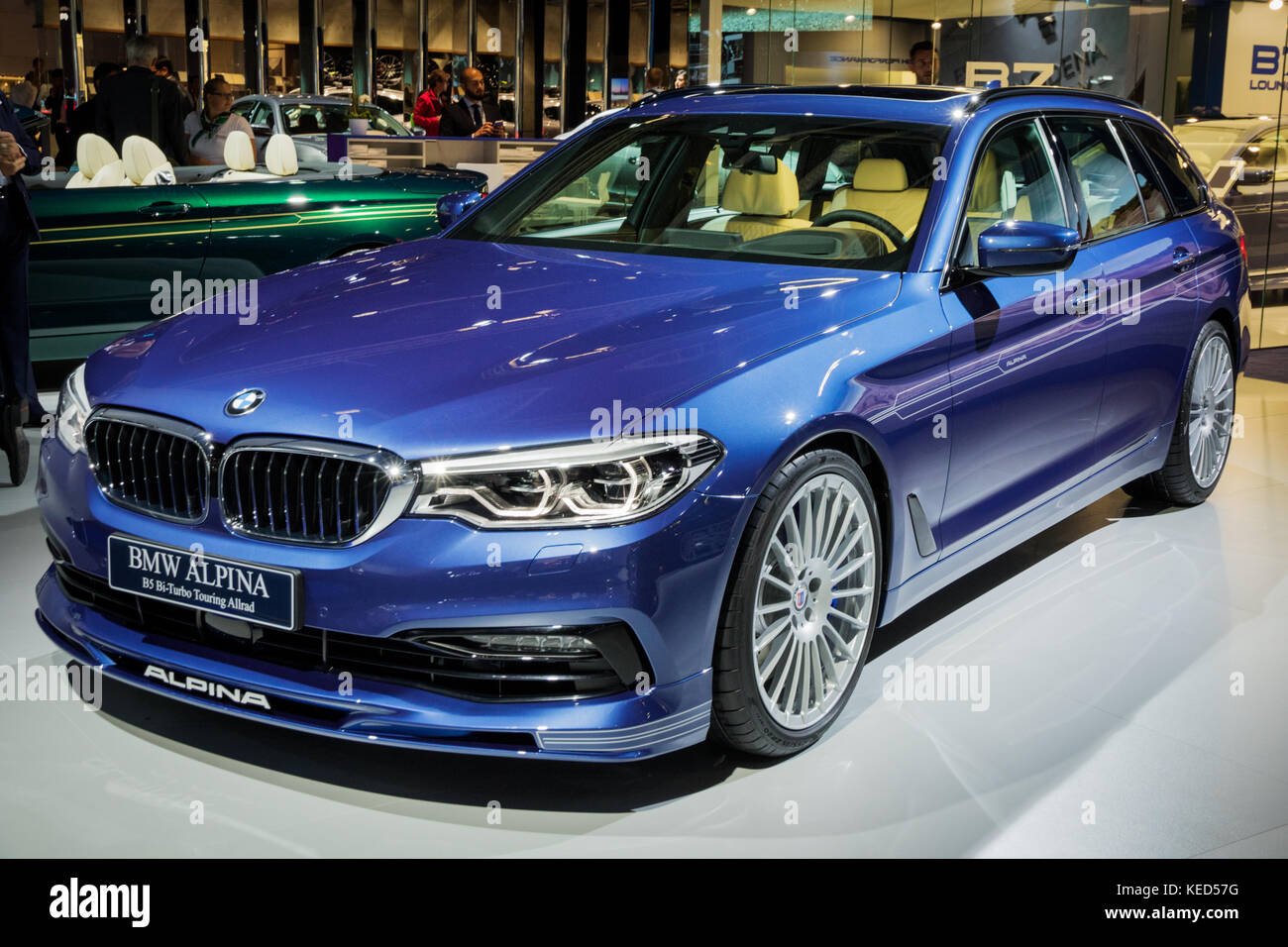 FRANKFURT, GERMANY - SEP 12, 2017: BMW Alpina B5 Touring in alpina blue showcased at the Frankfurt IAA Motor Show 2017. Stock Photo