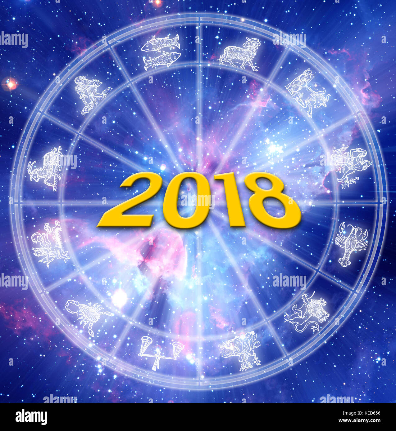 astrology chart with zodiac signs and 2018 new year concept Stock Photo