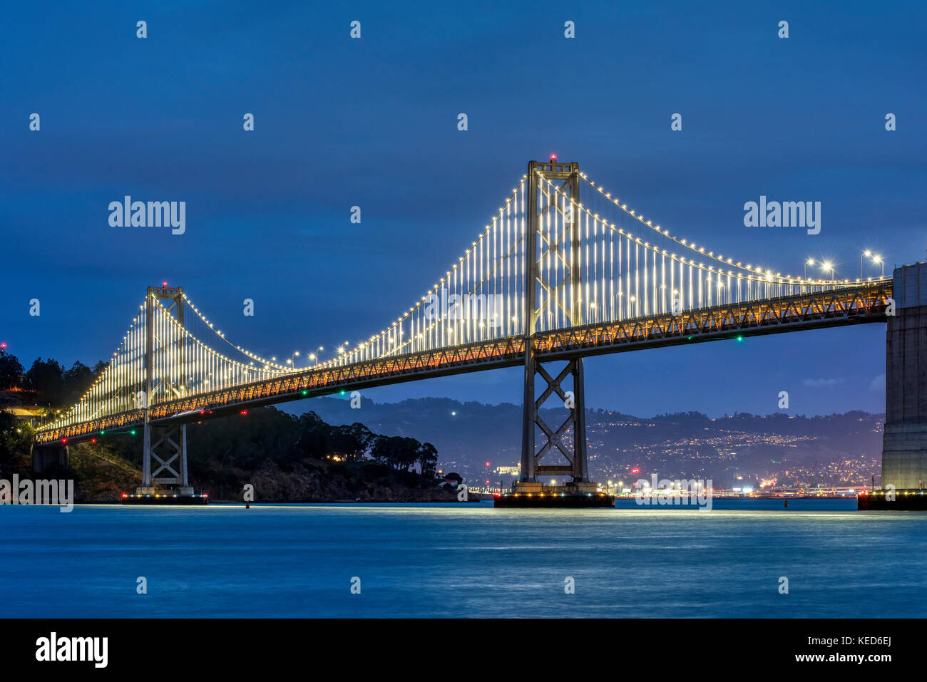 Night view of the the western section of the San Francisco-Oakland Bay Bridge, San Francisco, California, USA Stock Photo