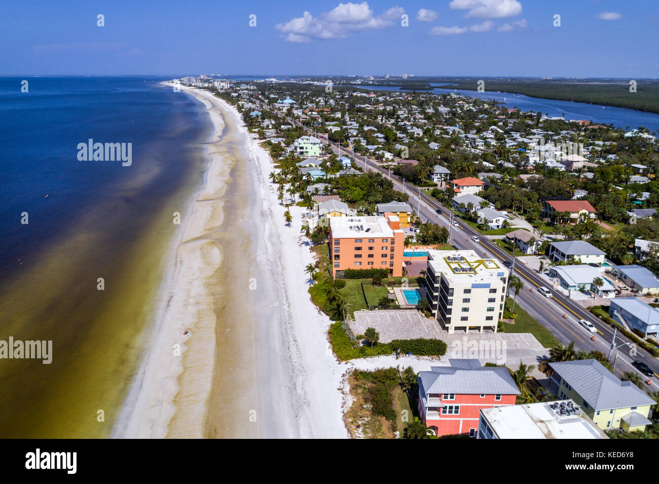 Fort Ft. Myers Beach Florida,Estero Barrier Island,Gulf of Mexico,aerial overhead view,sand,water,residential apartment buildings,residences,Matanzas Stock Photo