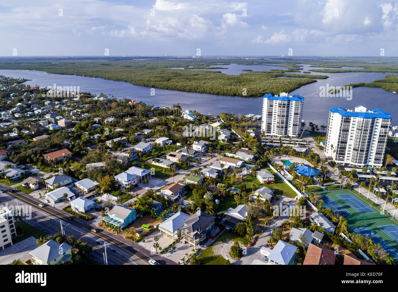 Fort Ft. Myers Beach Florida,Estero Barrier Island,Estero Bay Aquatic Preserve,Ostego Bay,aerial overhead view,water,residential apartment buildings,r Stock Photo