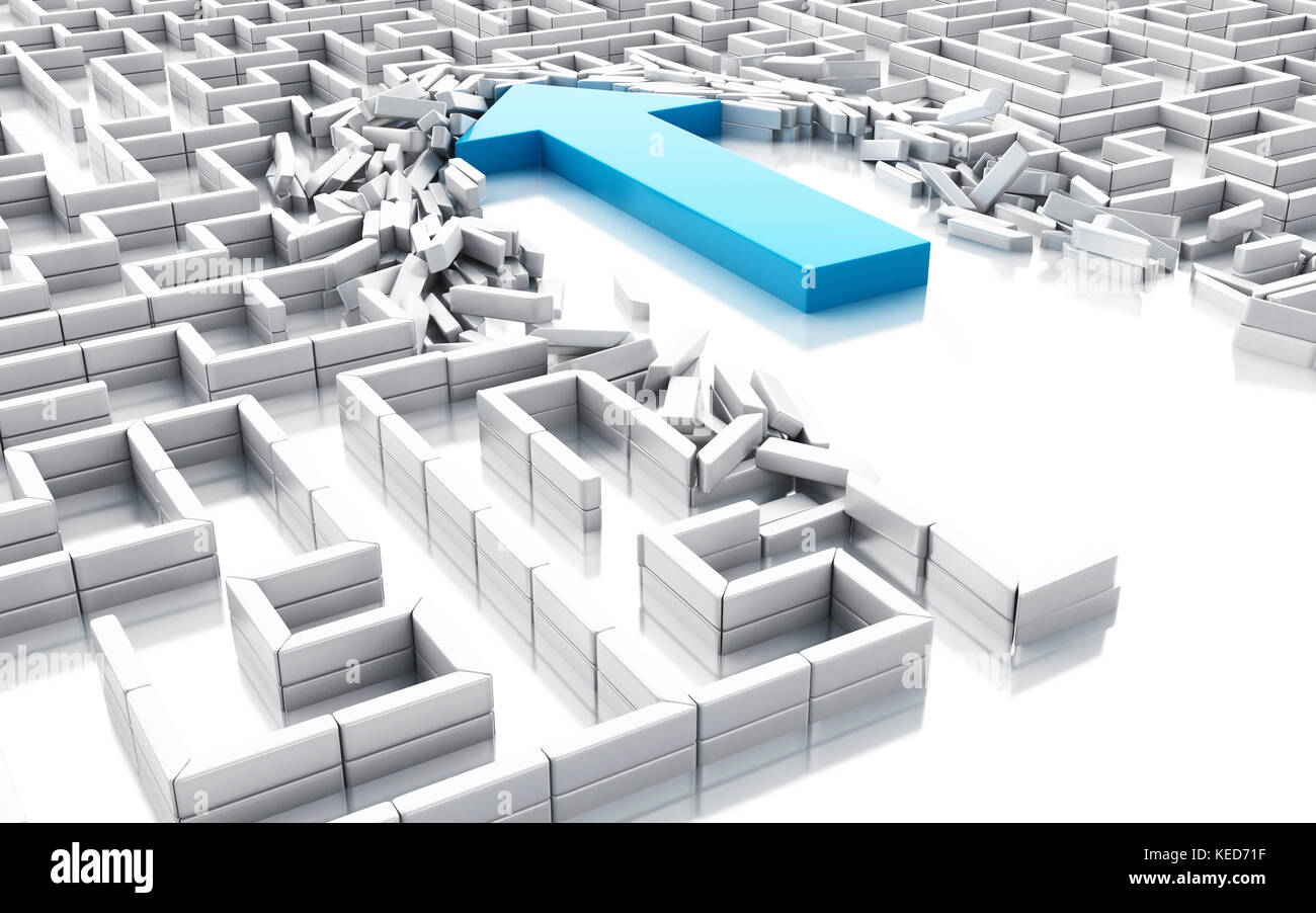 3d illustration. Blue arrow breaking down the walls in the maze ...